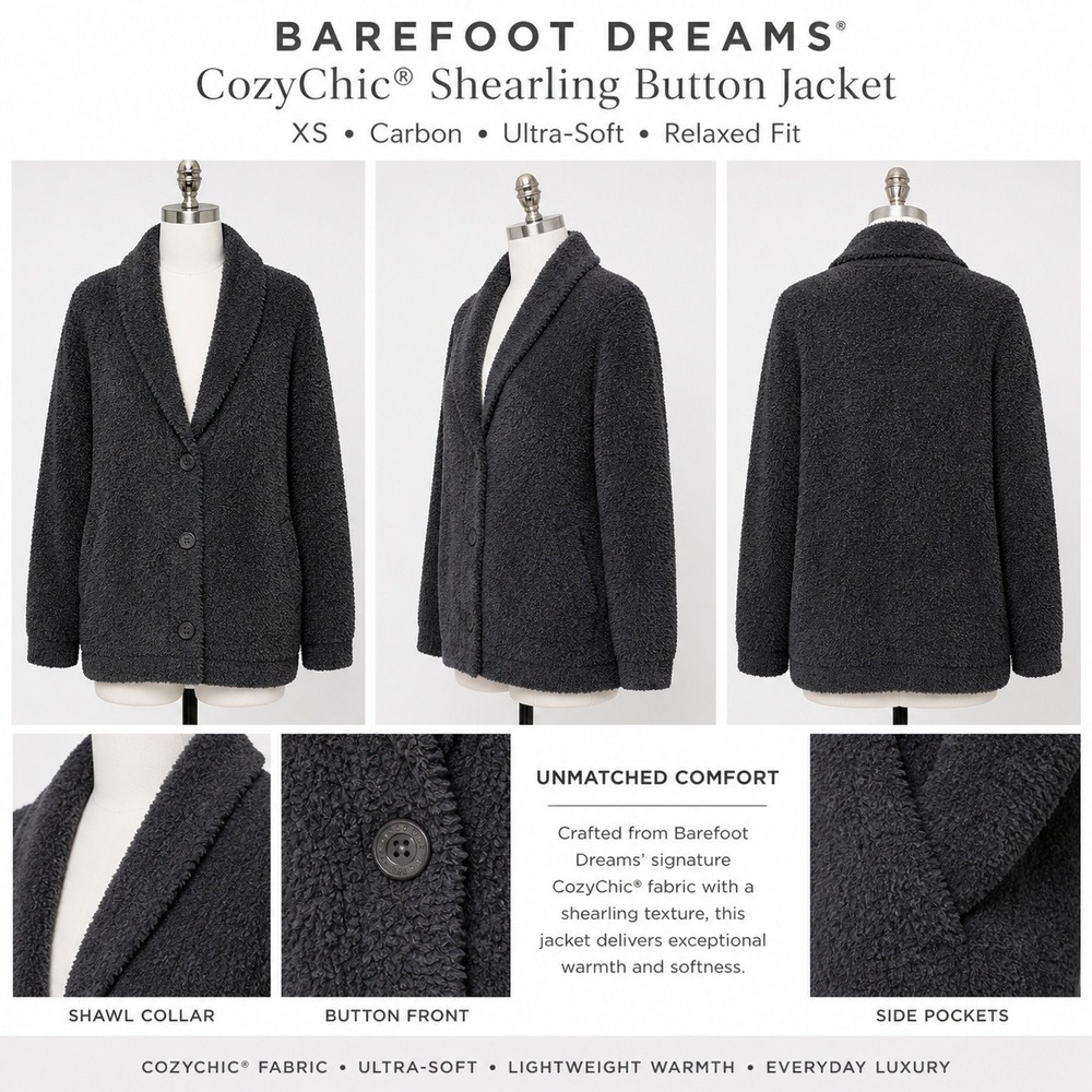 Barefoot Dreams CozyChic Shearling Button Jacket Carbon Gray XS A660885‎ Shawl